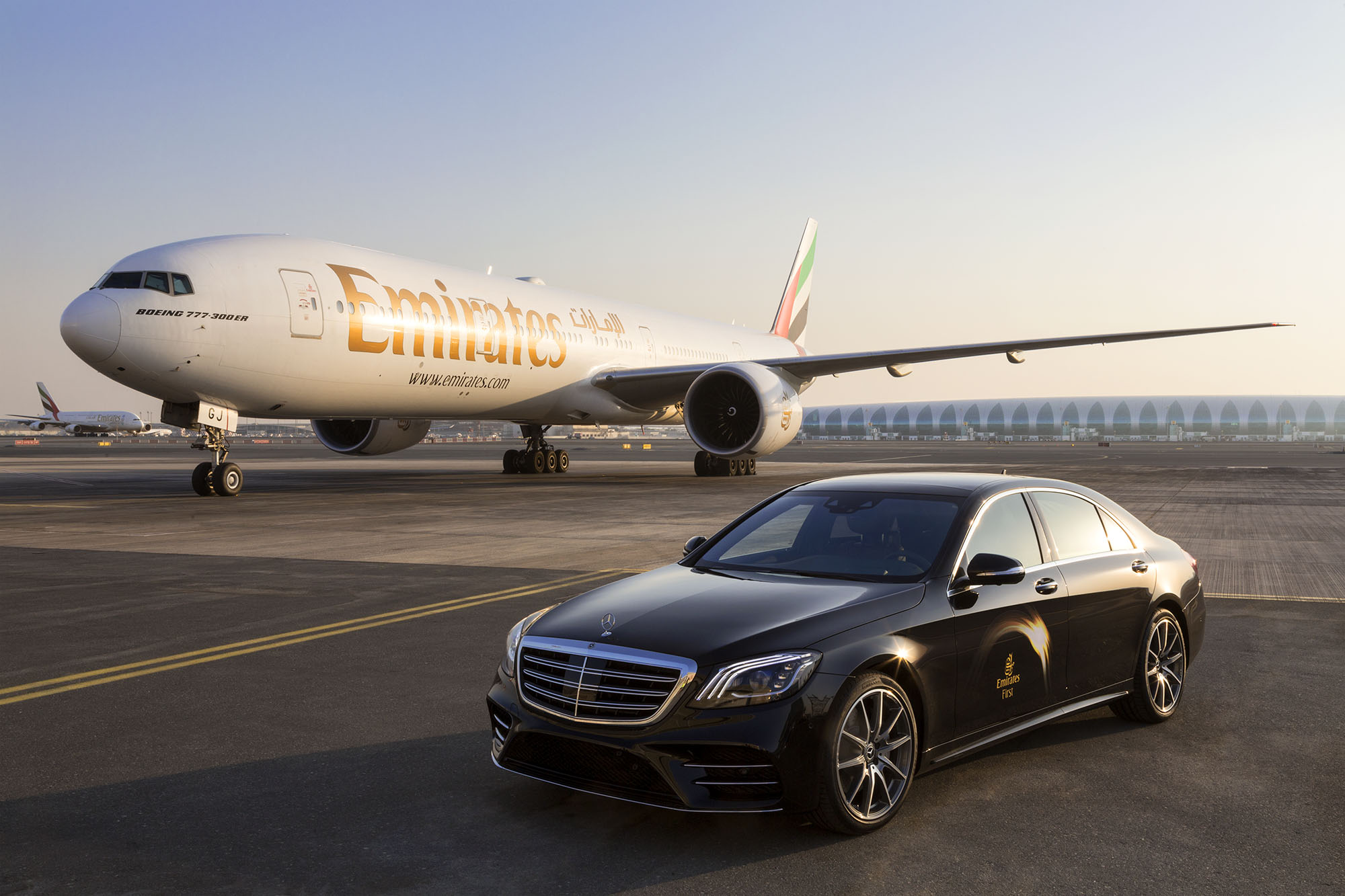 Emirates Mercedes S-Class and Boeing 777