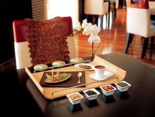 A presentation of food on a restaurant table in the Montgomery golf club, Dubai.