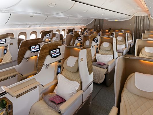 An interior photograph of the Emirates Business Class Cabin