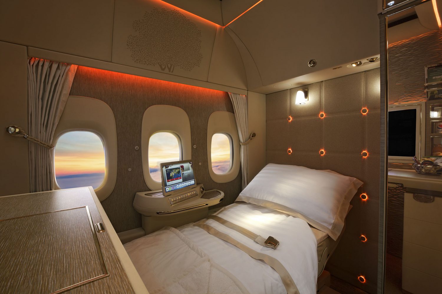 In interior photograph showing the 'Game Changer' First Class cabins on board an Emirates Airline Boeing 777 by photographer, Duncan Chard